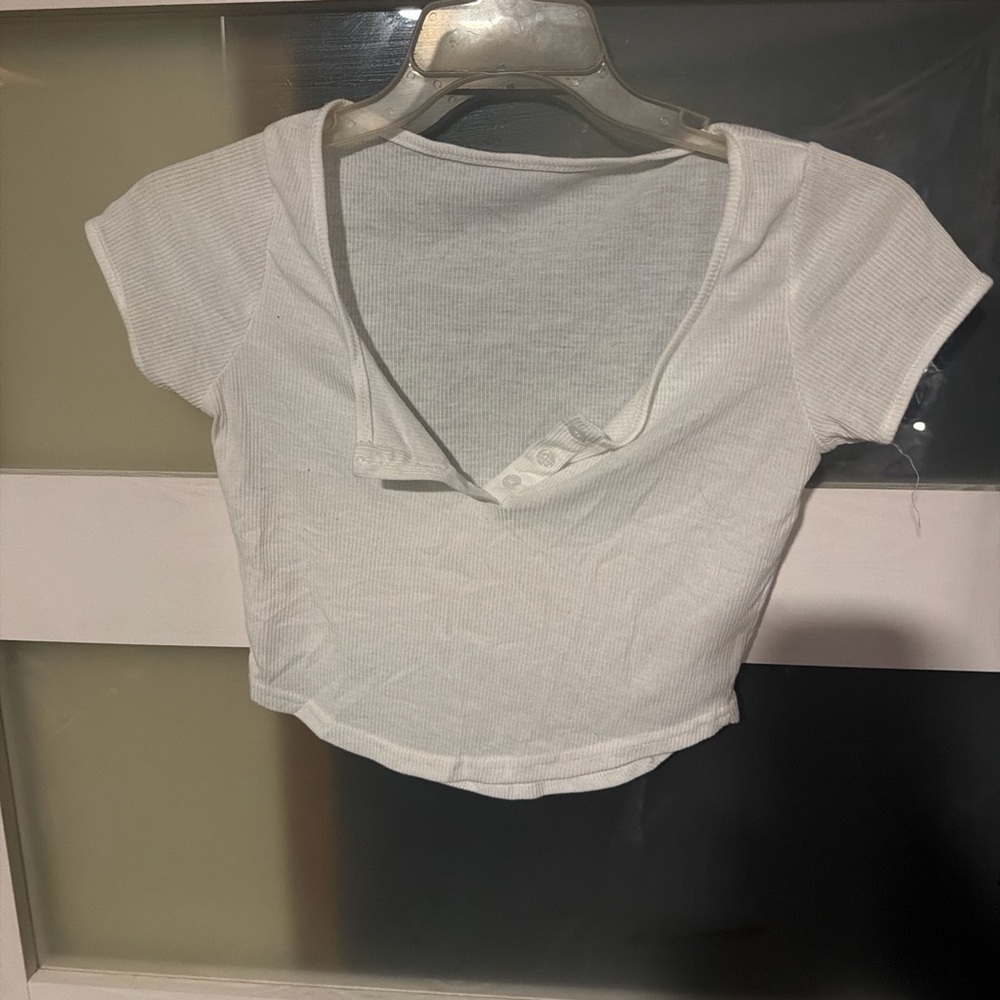 3 for 12*** 
White Ribbed Short-Sleeve Henley Crop Top